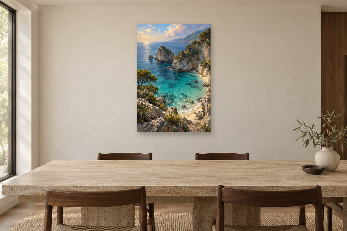 Turquoise Cove in a dining room — interior mockup with the complete original artwork