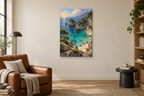 Turquoise Cove in a reading corner — interior mockup with the complete original artwork