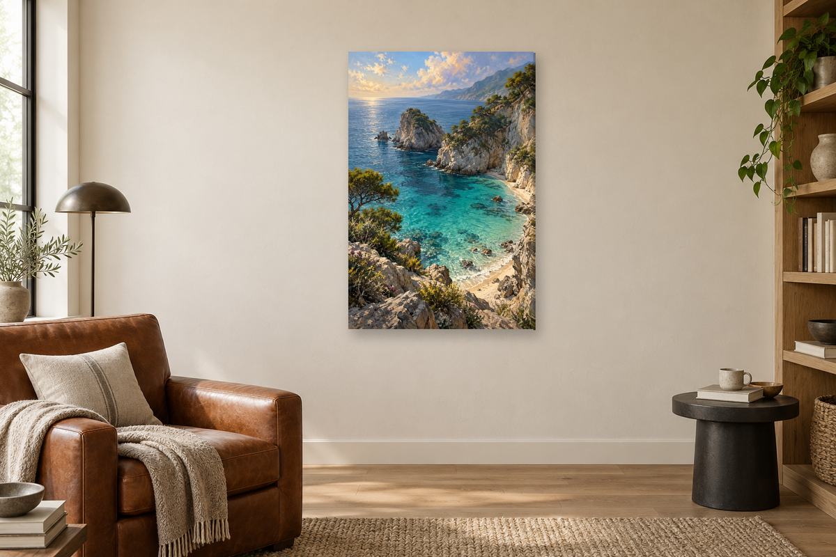 Turquoise Cove in a reading corner — interior mockup with the complete original artwork