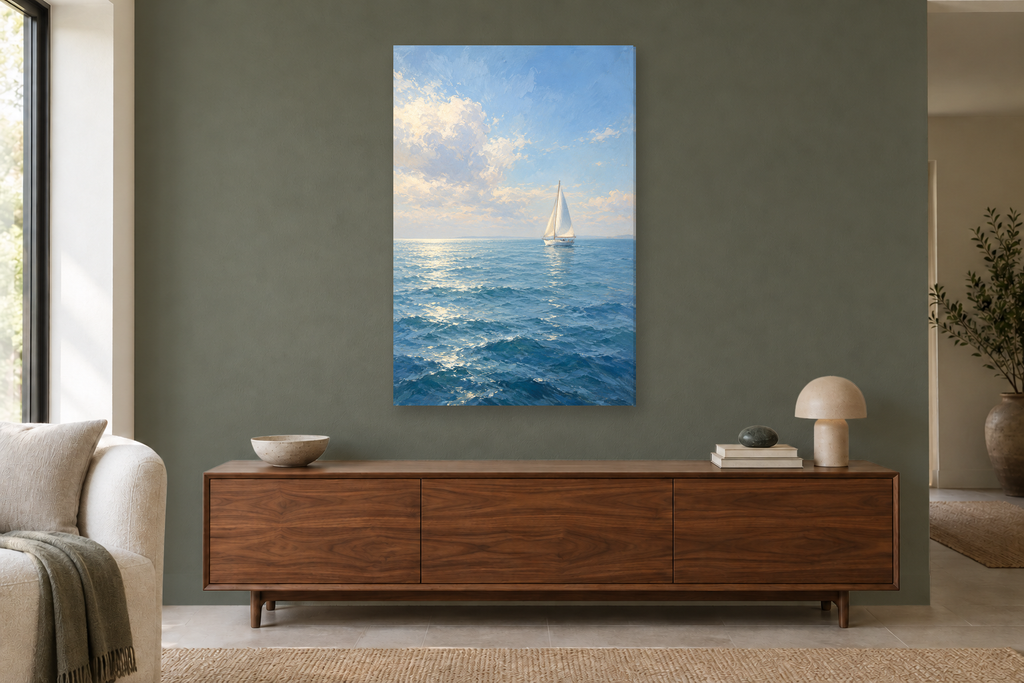 Morning Sail in a living room — interior mockup with the complete original artwork
