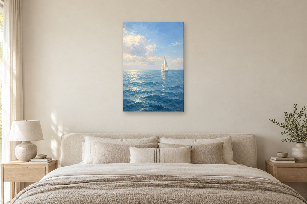 Morning Sail in a bedroom — interior mockup with the complete original artwork