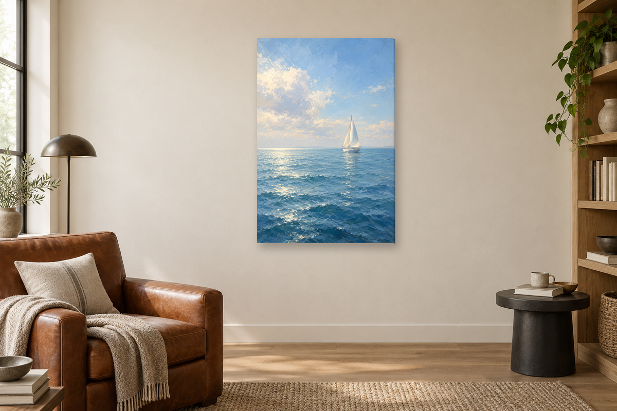 Morning Sail in a reading corner — interior mockup with the complete original artwork