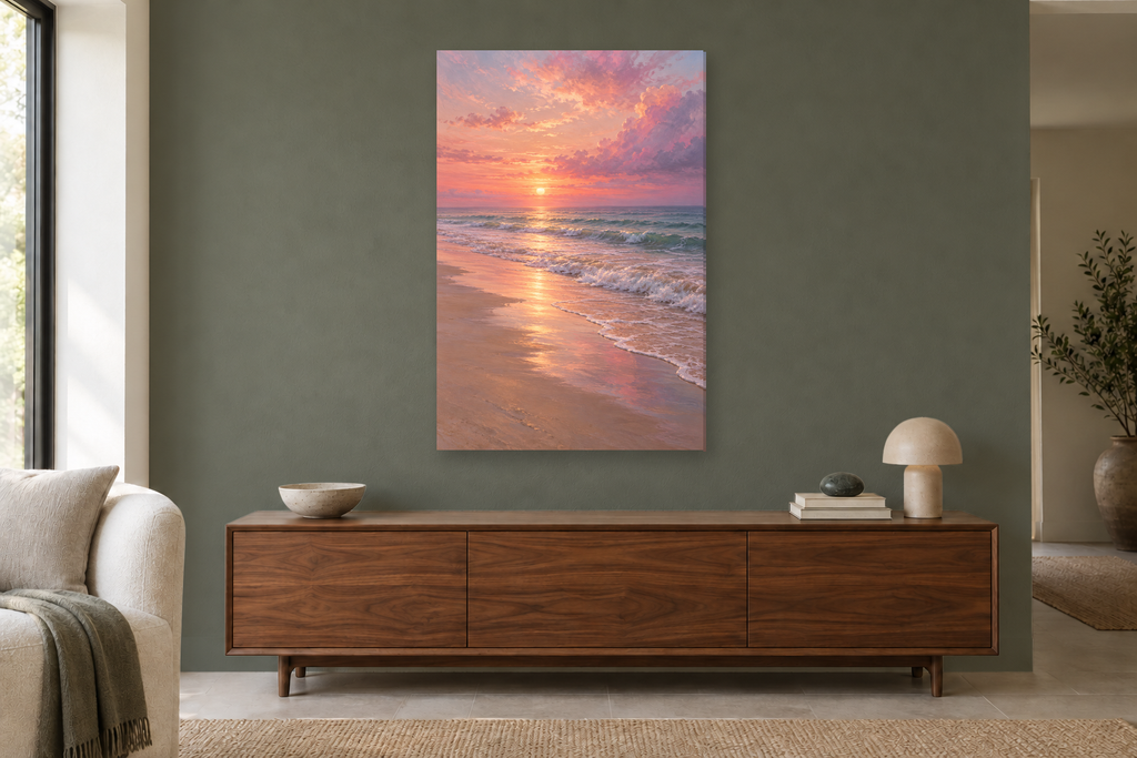 Pink Shore in a living room — interior mockup with the complete original artwork