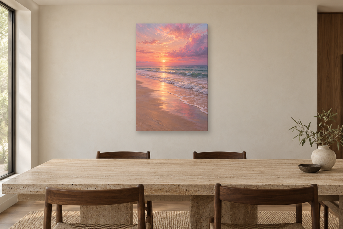 Pink Shore in a dining room — interior mockup with the complete original artwork