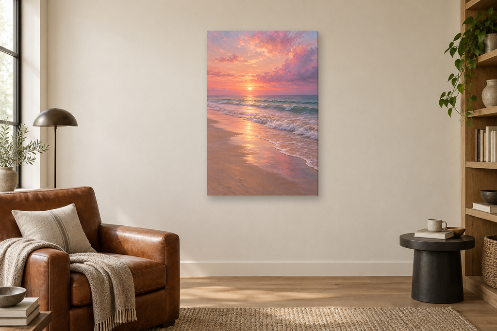 Pink Shore in a reading corner — interior mockup with the complete original artwork