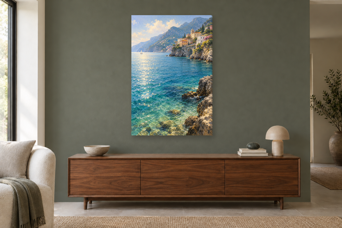 Amalfi Water in a living room — interior mockup with the complete original artwork