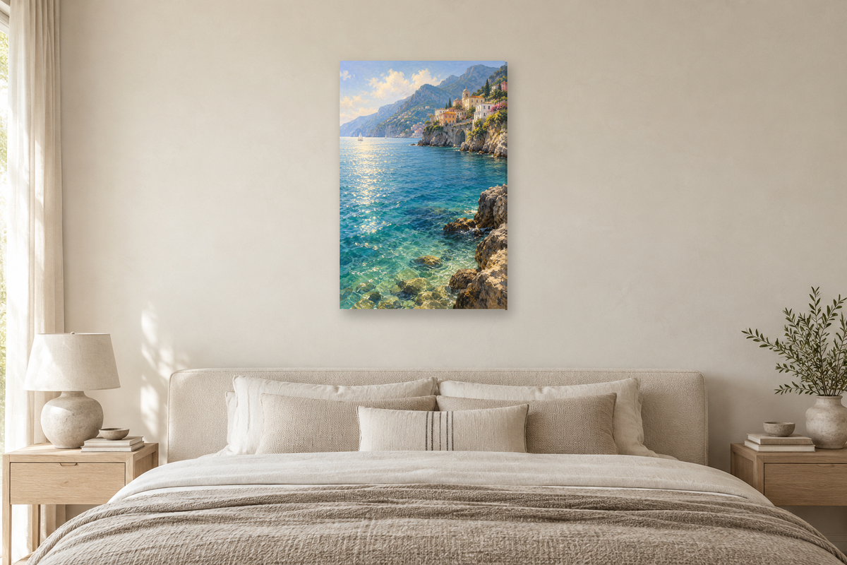 Amalfi Water in a bedroom — interior mockup with the complete original artwork