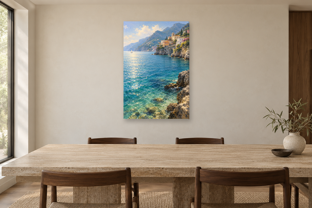 Amalfi Water in a dining room — interior mockup with the complete original artwork