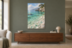 Sea Glass Bay in a living room — interior mockup with the complete original artwork