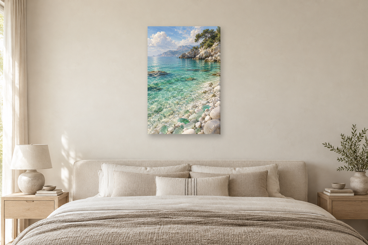 Sea Glass Bay in a bedroom — interior mockup with the complete original artwork