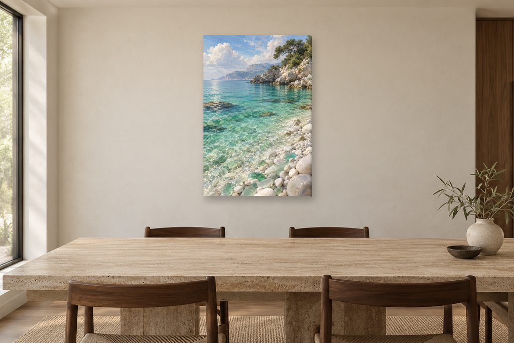 Sea Glass Bay in a dining room — interior mockup with the complete original artwork