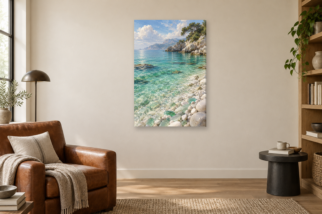 Sea Glass Bay in a reading corner — interior mockup with the complete original artwork