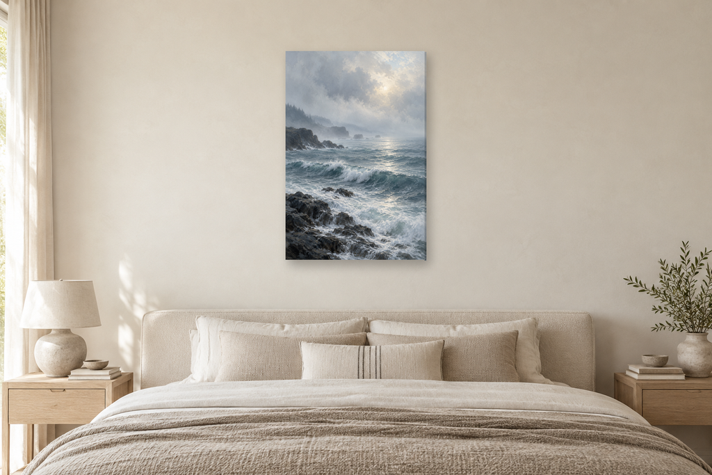 Atlantic Mist in a bedroom — interior mockup with the complete original artwork