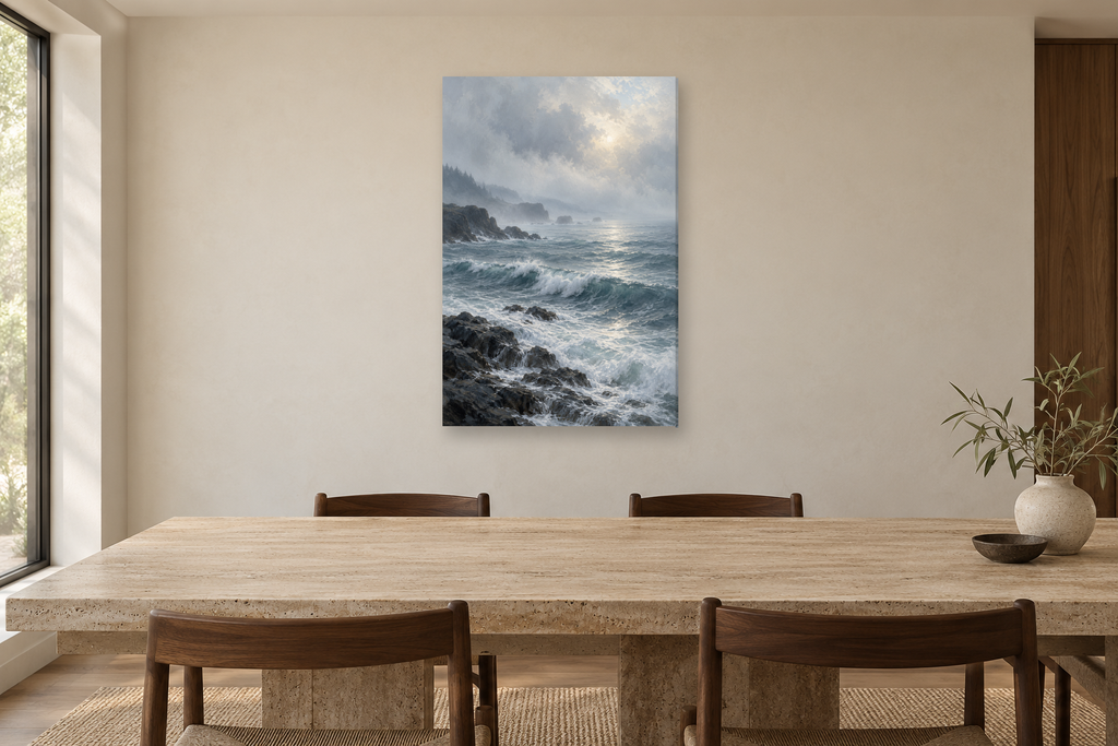 Atlantic Mist in a dining room — interior mockup with the complete original artwork
