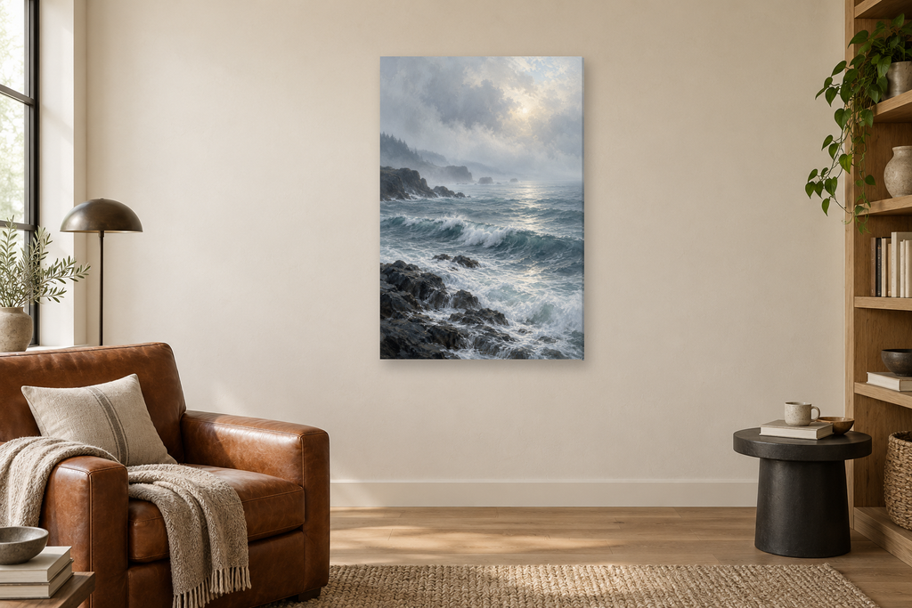 Atlantic Mist in a reading corner — interior mockup with the complete original artwork