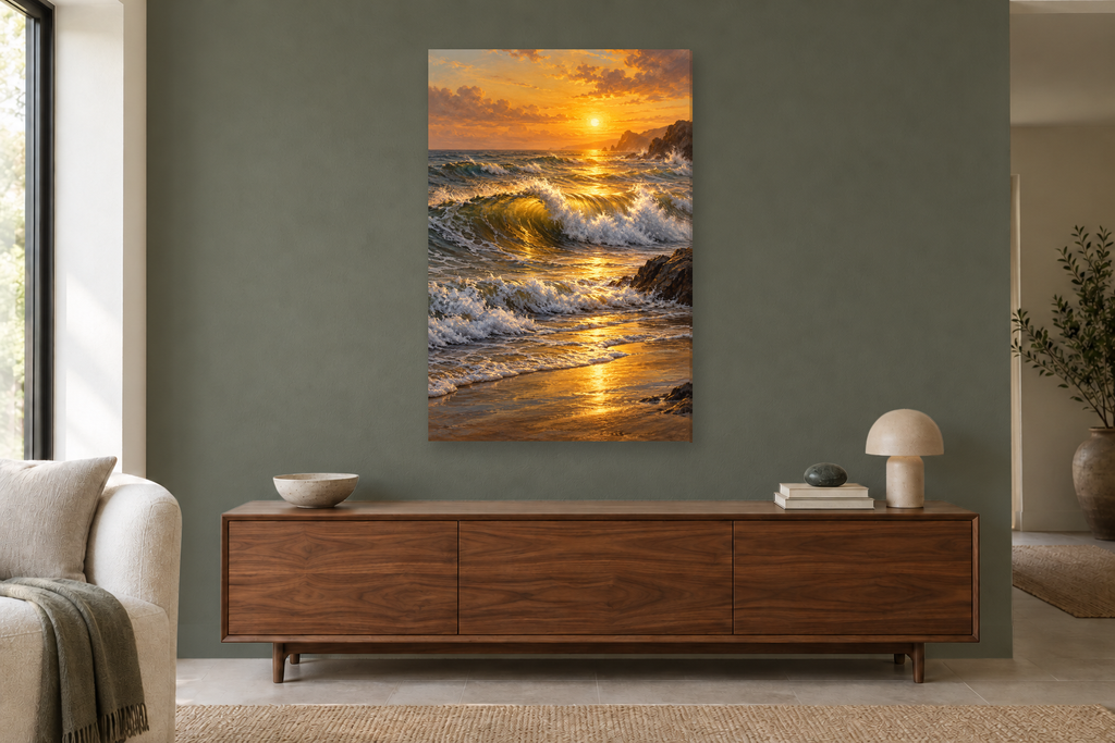 Golden Breakers in a living room — interior mockup with the complete original artwork