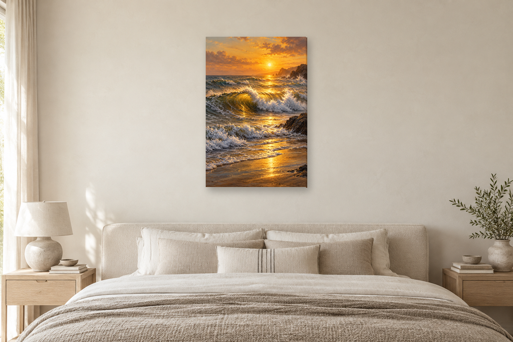 Golden Breakers in a bedroom — interior mockup with the complete original artwork