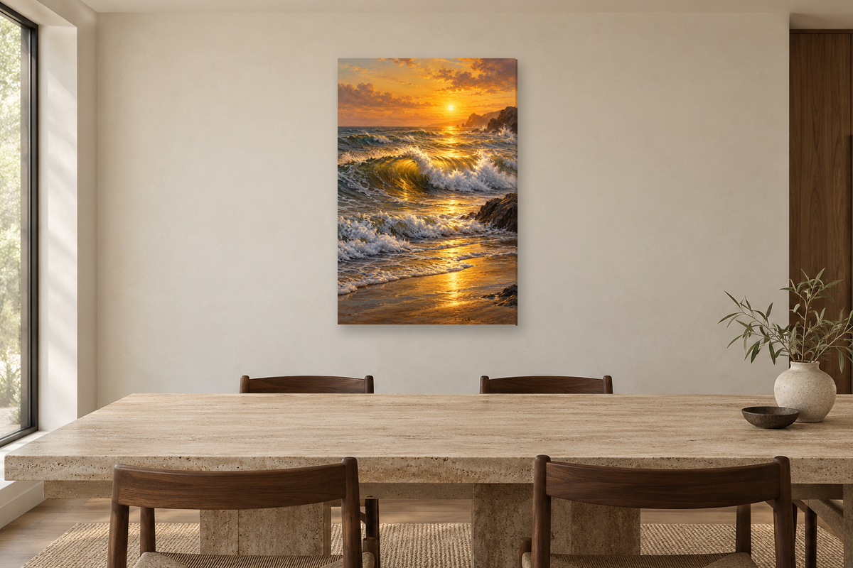 Golden Breakers in a dining room — interior mockup with the complete original artwork
