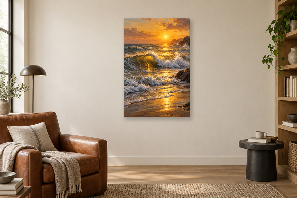 Golden Breakers in a reading corner — interior mockup with the complete original artwork