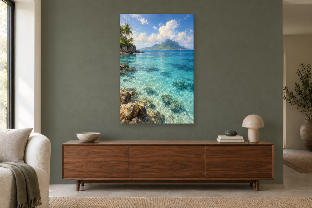 Azure Lagoon in a living room — interior mockup with the complete original artwork