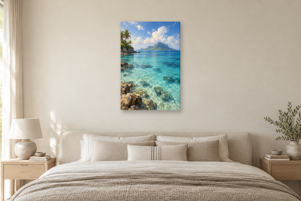 Azure Lagoon in a bedroom — interior mockup with the complete original artwork