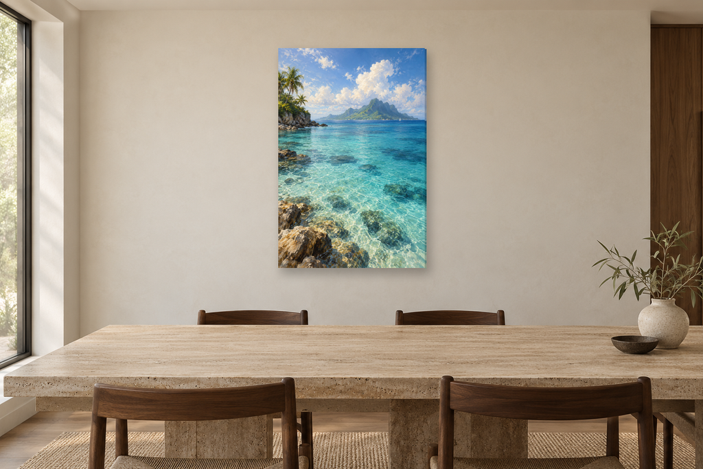 Azure Lagoon in a dining room — interior mockup with the complete original artwork
