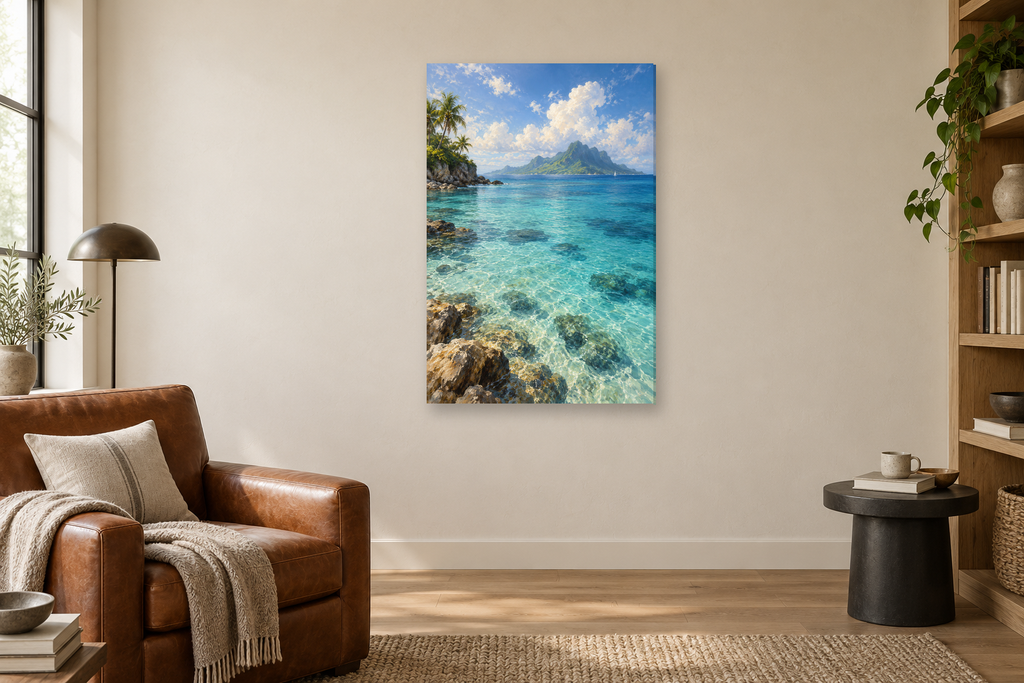 Azure Lagoon in a reading corner — interior mockup with the complete original artwork
