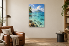 Azure Lagoon in a reading corner — interior mockup with the complete original artwork
