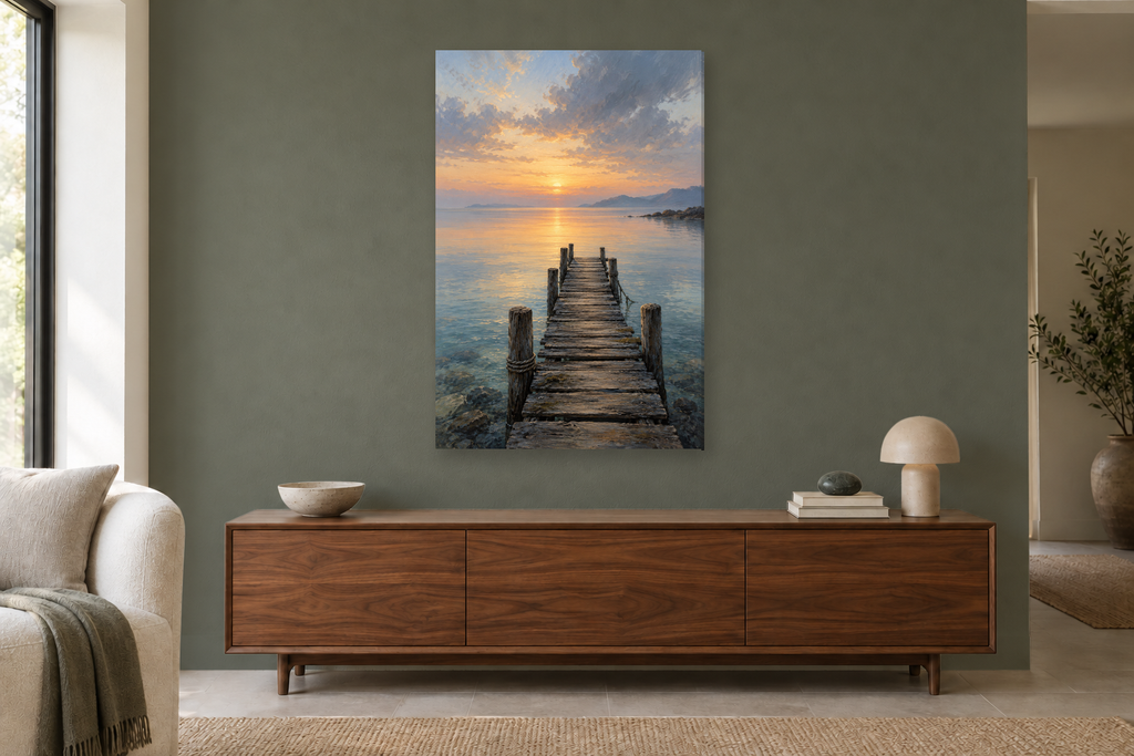 Quiet Jetty in a living room — interior mockup with the complete original artwork