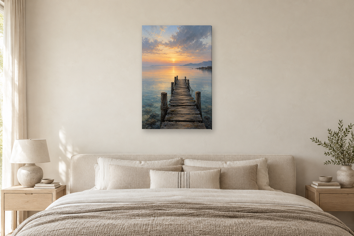 Quiet Jetty in a bedroom — interior mockup with the complete original artwork
