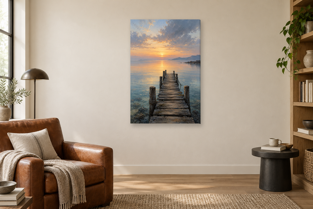 Quiet Jetty in a reading corner — interior mockup with the complete original artwork