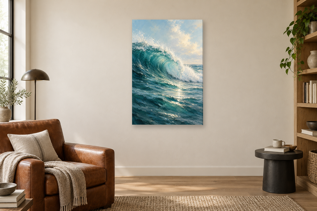 Salt Air in a reading corner — interior mockup with the complete original artwork
