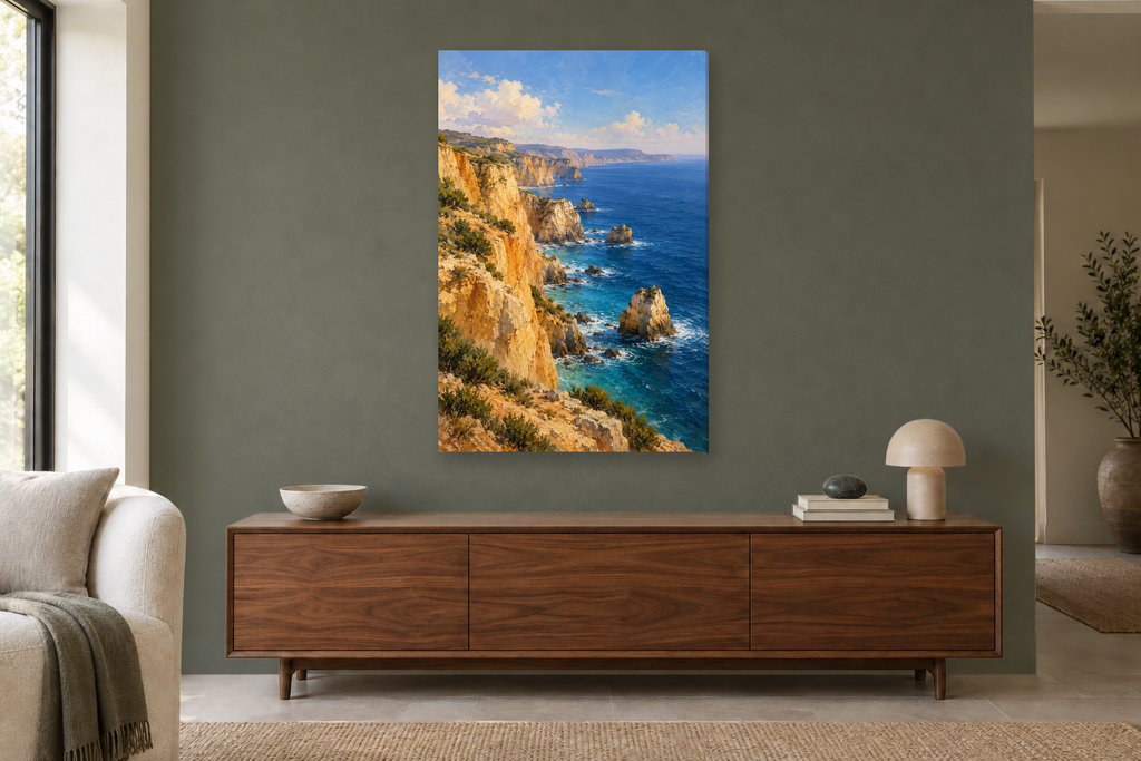 Cliffside Blue in a living room — interior mockup with the complete original artwork