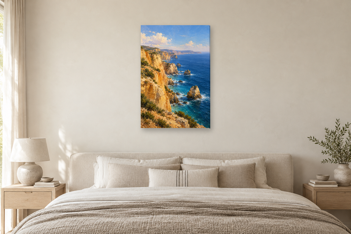 Cliffside Blue in a bedroom — interior mockup with the complete original artwork