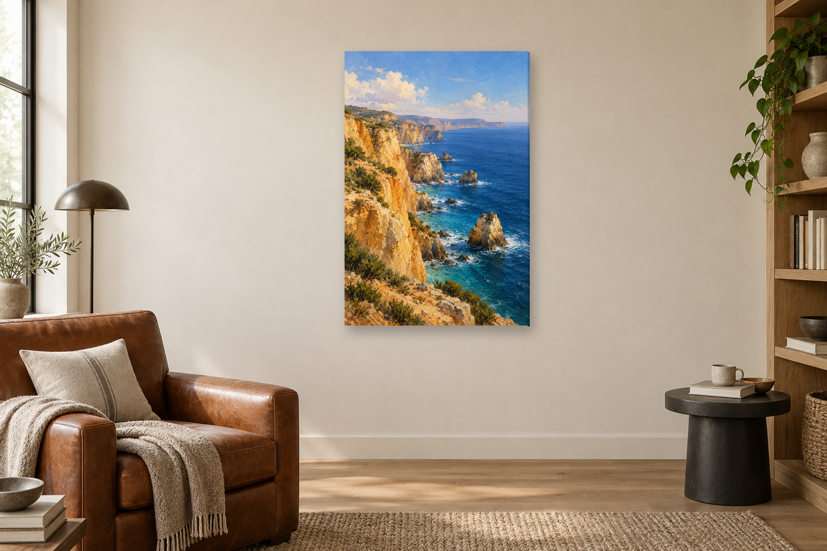 Cliffside Blue in a reading corner — interior mockup with the complete original artwork