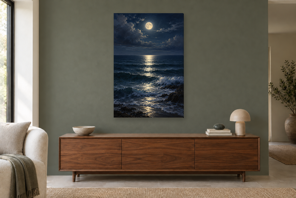 Moonlit Tide in a living room — interior mockup with the complete original artwork
