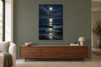 Moonlit Tide in a living room — interior mockup with the complete original artwork