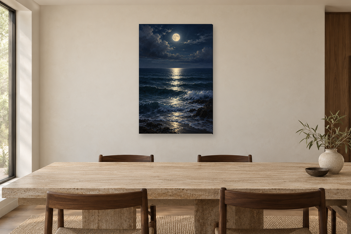 Moonlit Tide in a dining room — interior mockup with the complete original artwork