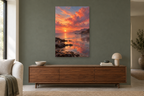 Coral Sunset in a living room — interior mockup with the complete original artwork