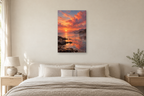 Coral Sunset in a bedroom — interior mockup with the complete original artwork