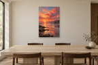 Coral Sunset in a dining room — interior mockup with the complete original artwork