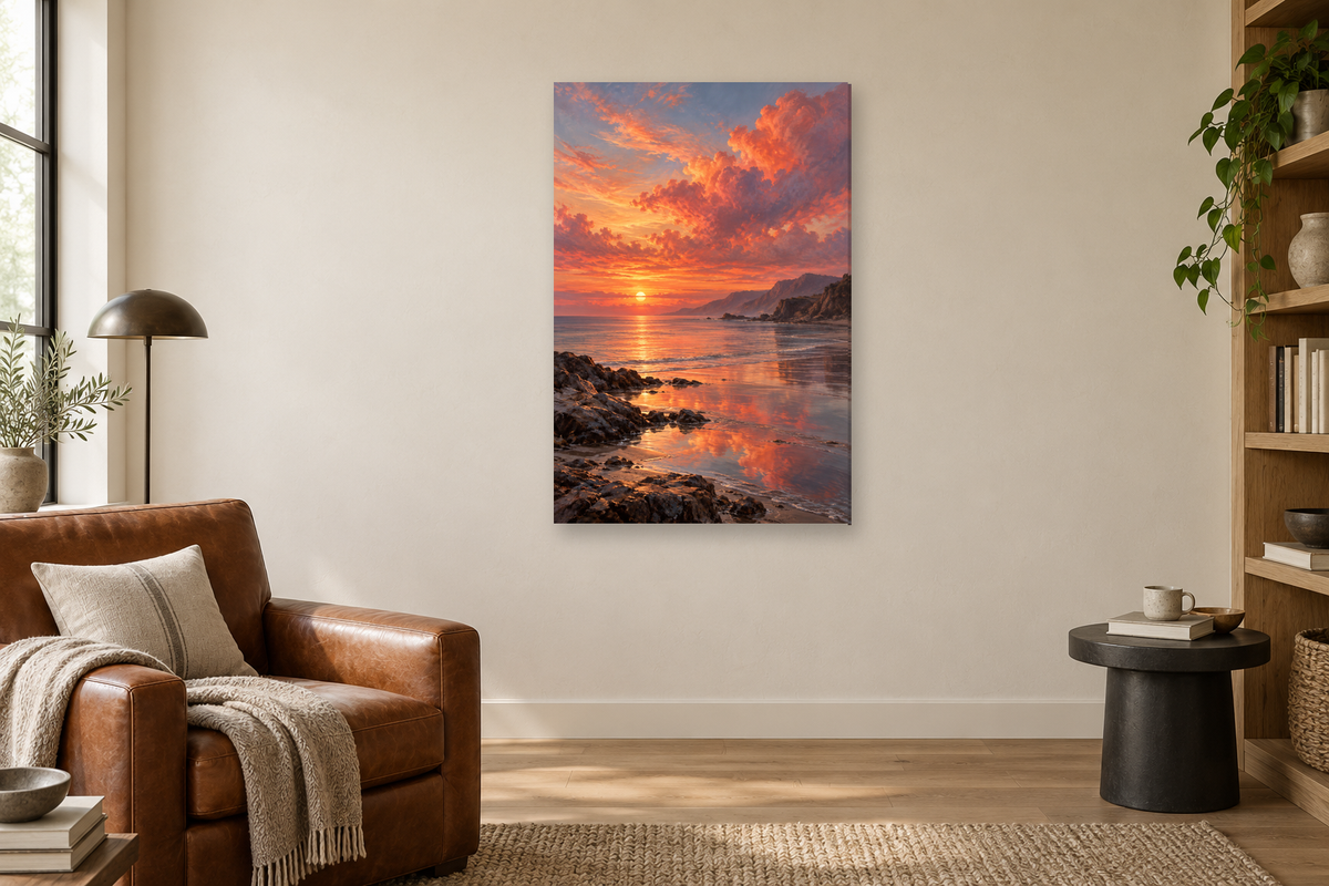 Coral Sunset in a reading corner — interior mockup with the complete original artwork