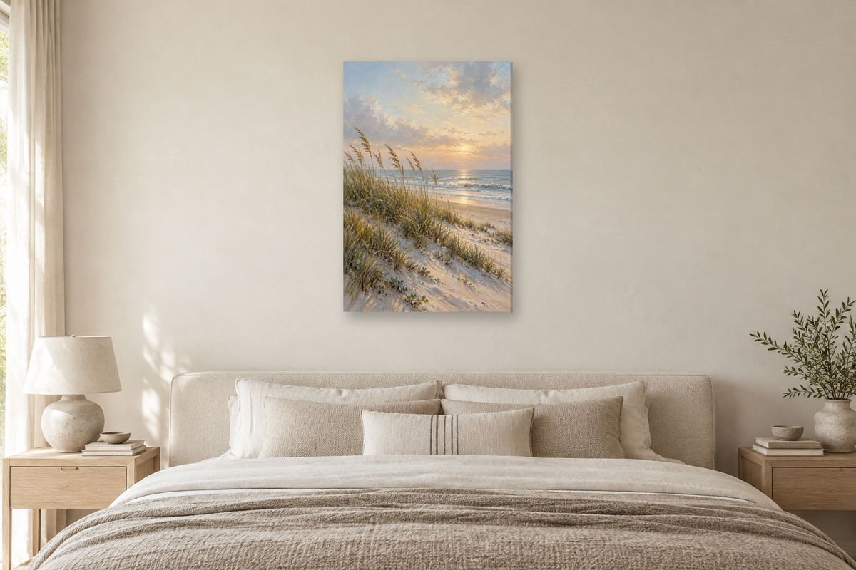 Dune Grass in a bedroom — interior mockup with the complete original artwork