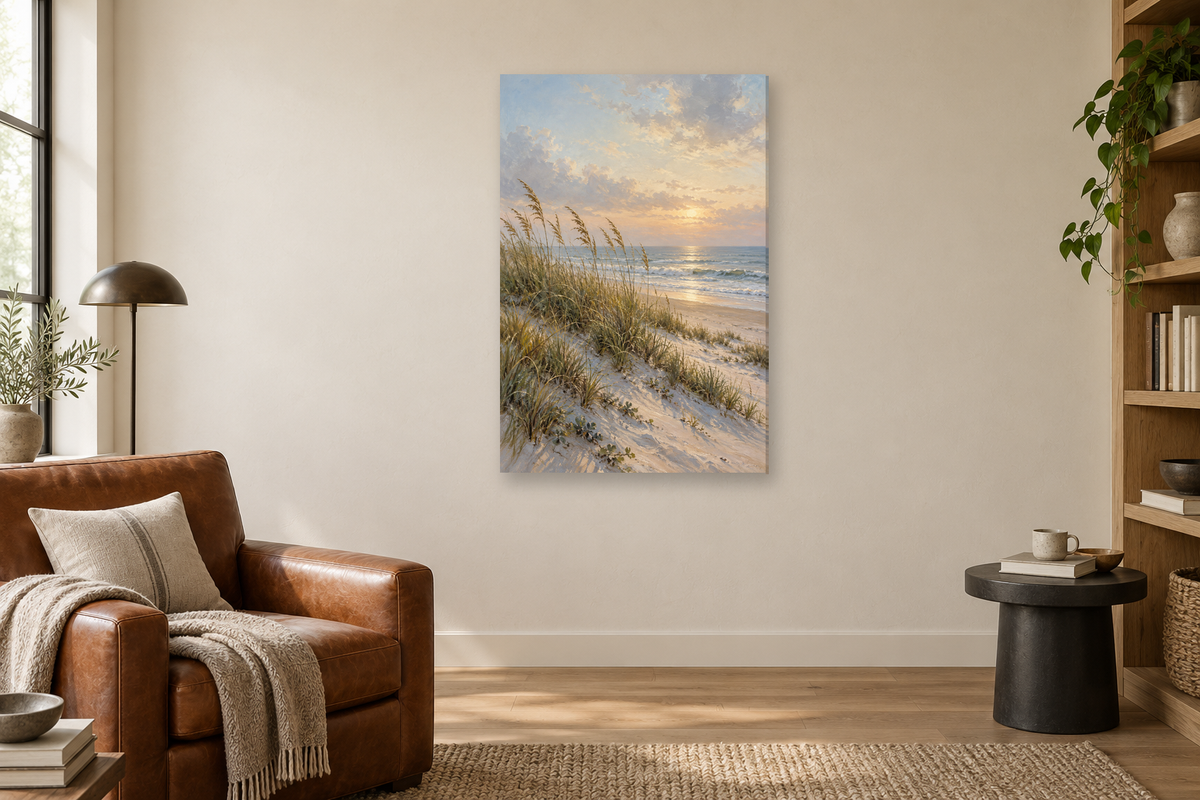 Dune Grass in a reading corner — interior mockup with the complete original artwork
