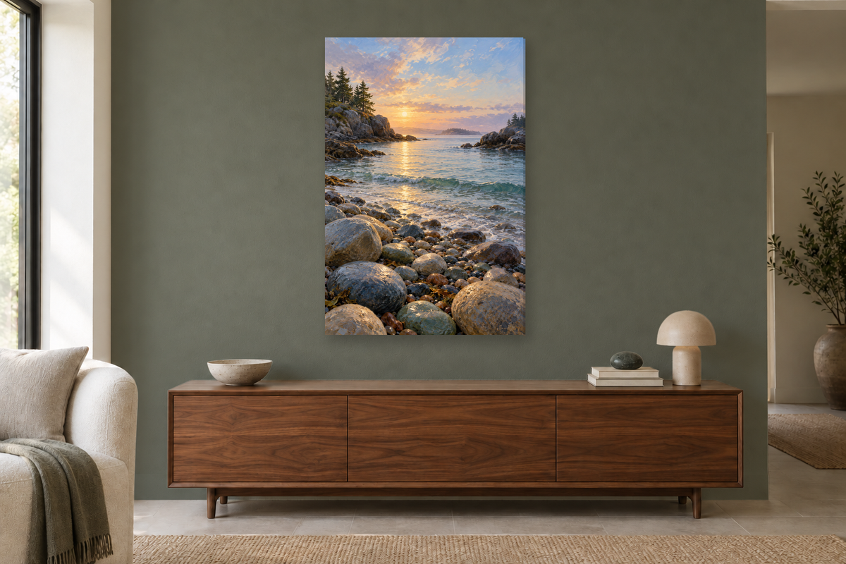 Pebble Inlet in a living room — interior mockup with the complete original artwork