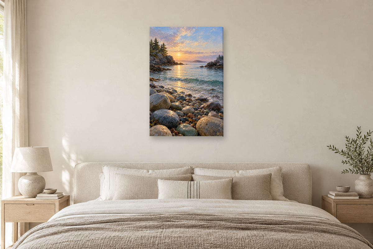 Pebble Inlet in a bedroom — interior mockup with the complete original artwork