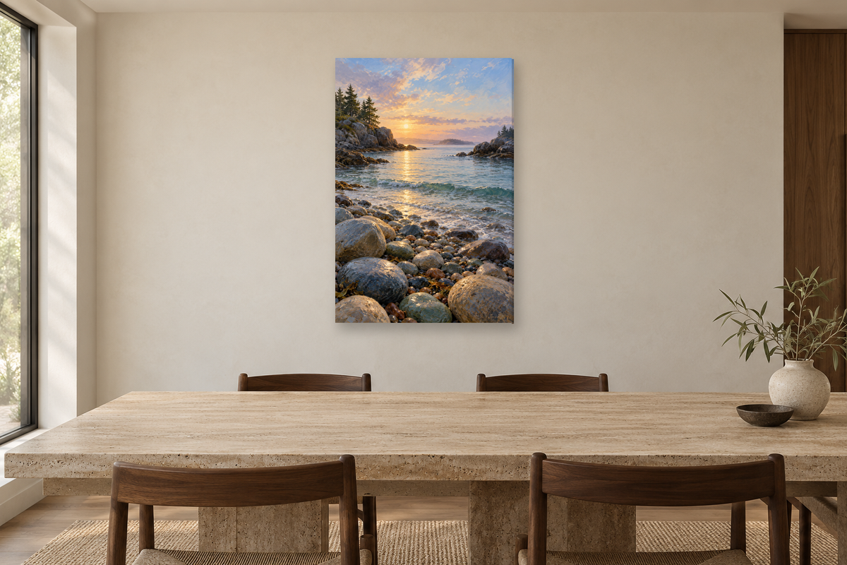 Pebble Inlet in a dining room — interior mockup with the complete original artwork