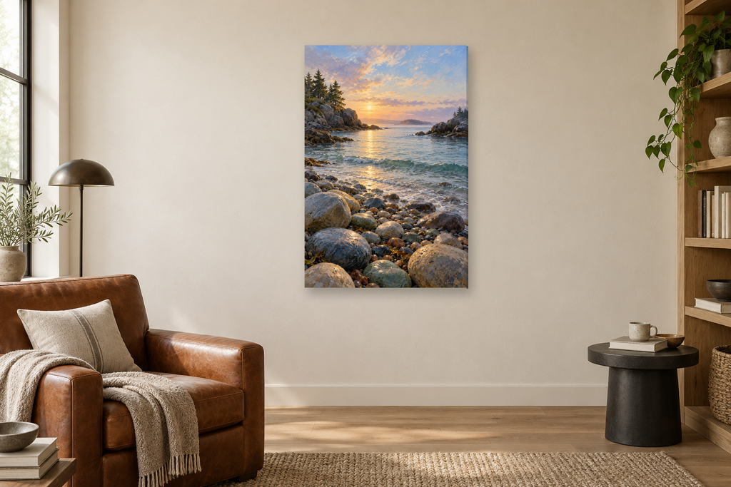 Pebble Inlet in a reading corner — interior mockup with the complete original artwork