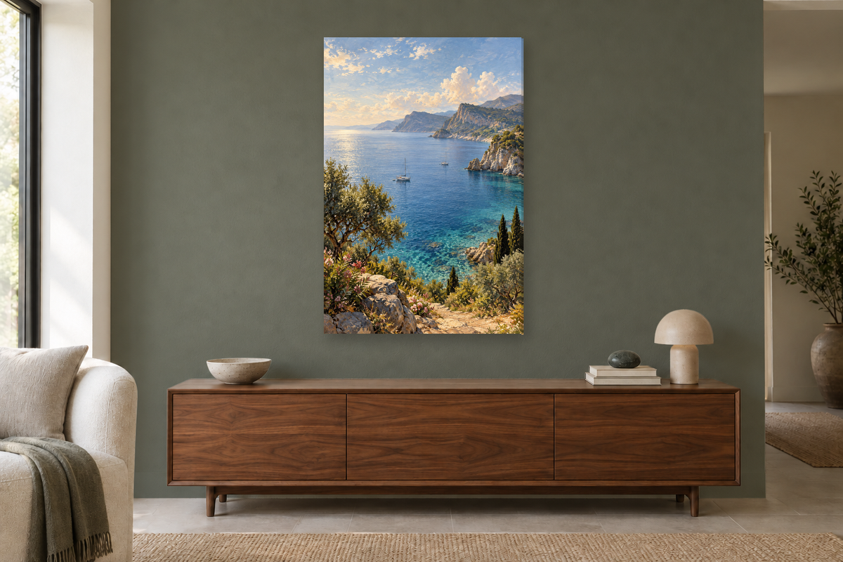 Summer Anchorage in a living room — interior mockup with the complete original artwork