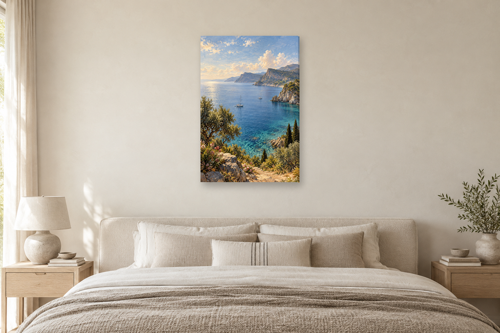 Summer Anchorage in a bedroom — interior mockup with the complete original artwork